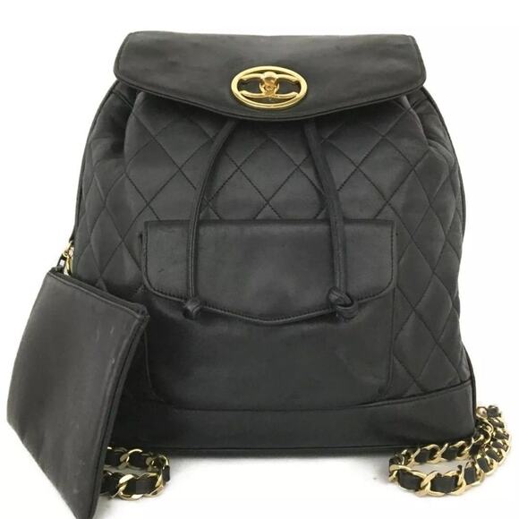 CHANEL Quilted Matelasse CC Logo Lambskin Chain Backpack w/Pouch - Picture 1 of 8